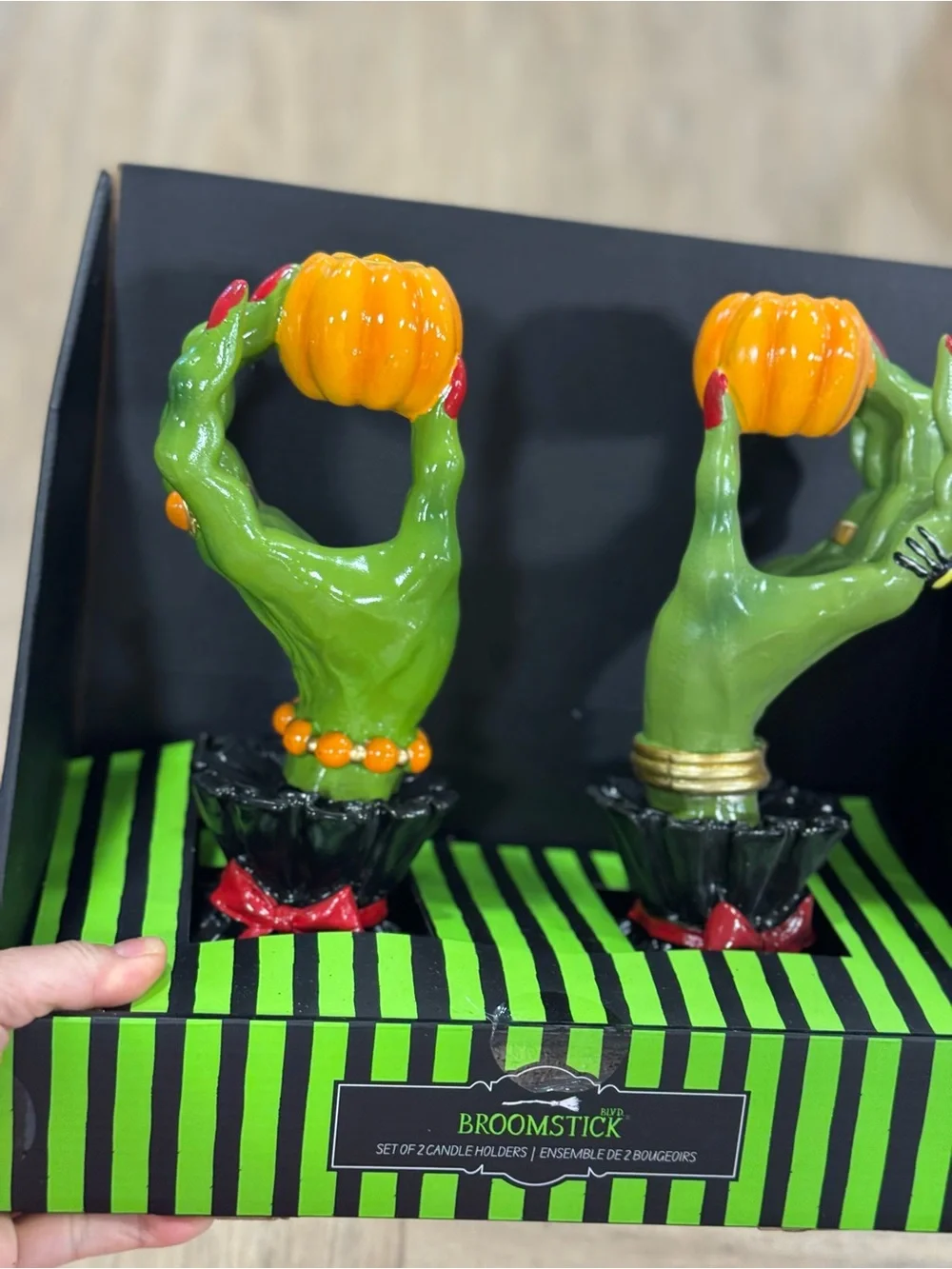 Broomstick Green Witch Hand Pumpkin Candle Holder - Broomstick